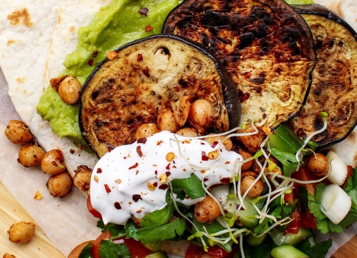 holy moly charred aubergine crunchy chickpea breakfast tortillas